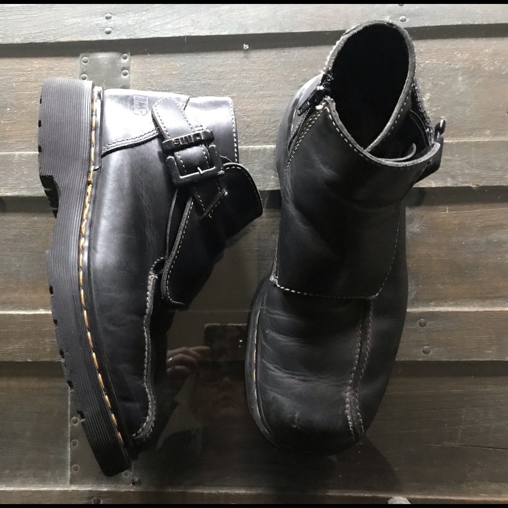 Dr. Martens Black Leather Buckle Ankle Boots with Yellow Stitching